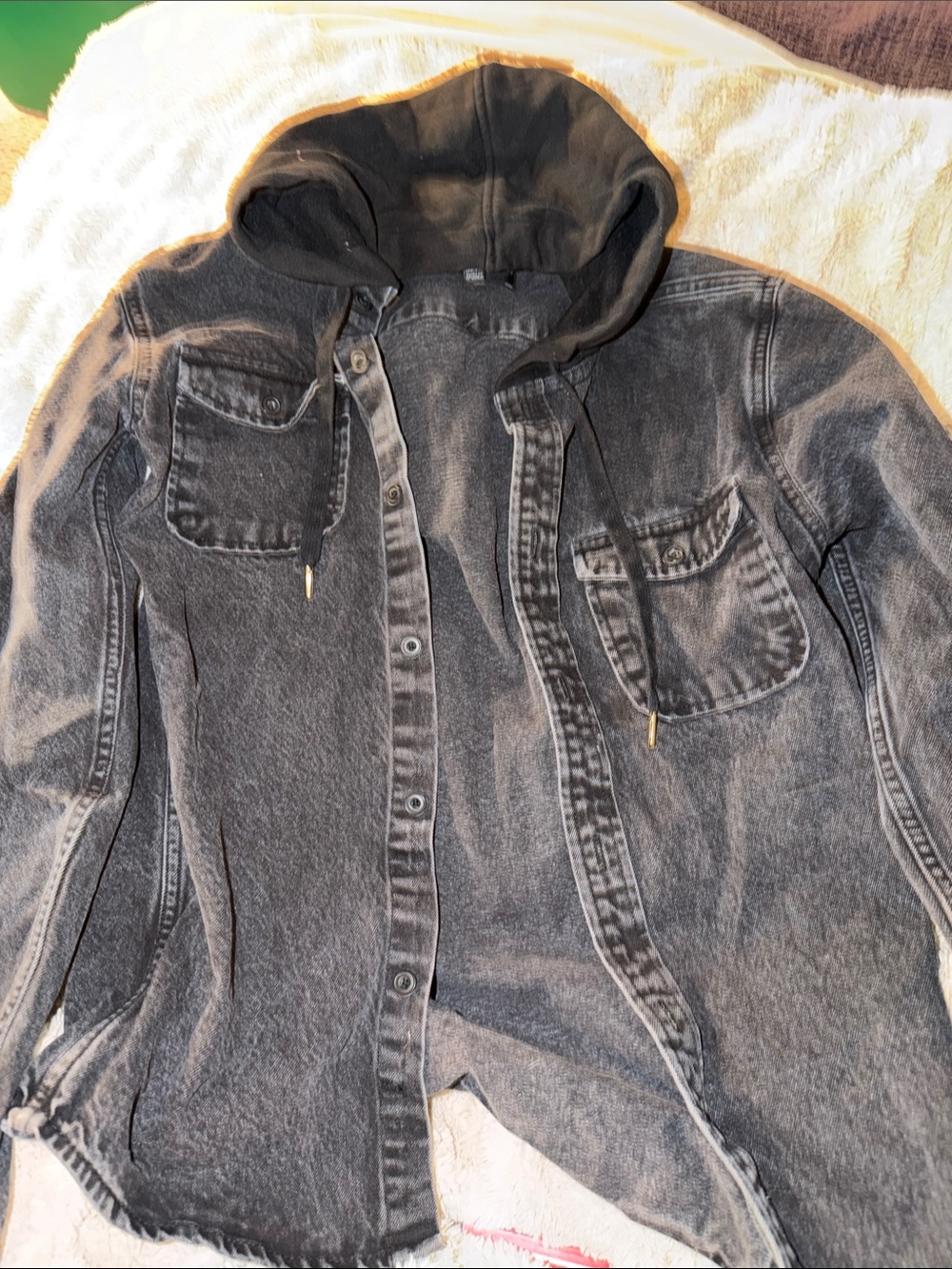 Black Washed Denim Shirt Jacket with Hood